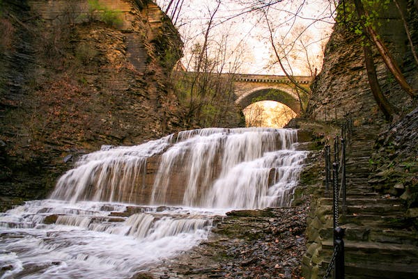Time lapse of water flowing down Cascadilla Gorge, causing the water to appear as a blur
